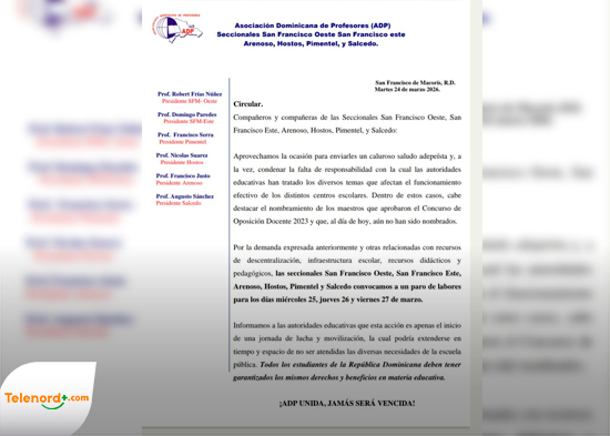 ADP convoca paro de docencia por tres días ante incumplimiento de las autoridades educativas